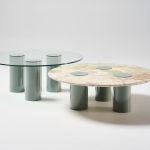 Ivy coffee tables with clear glass top and aurora fiorita stone top and transformer grey pc legs